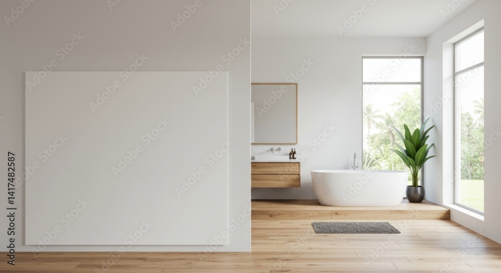 Fototapeta premium Minimalist Bathroom with Blank Wall Mockup