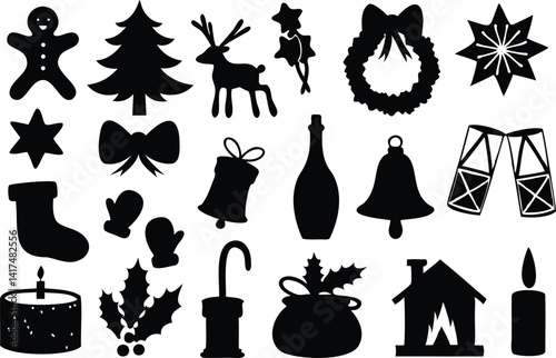Set of Christmas Holiday Symbols - Silhouette Vector Icons of Gingerbread, Christmas Tree, Bells, and Stocking for Festive Designs