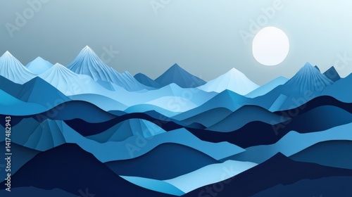 A paper cutout illustration of a mountain range with a full moon in the sky.