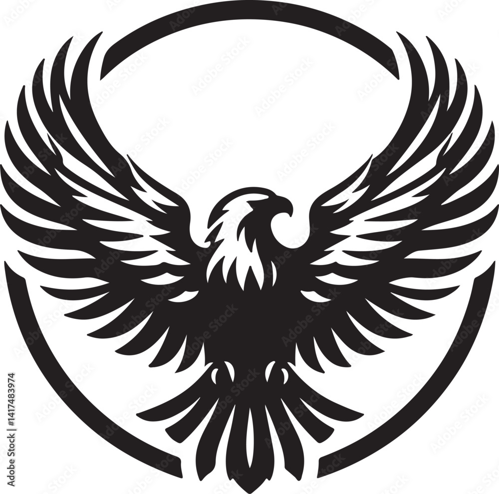 Obraz premium A black and white graphic illustration of an eagle perched on a branch with wings spread wide