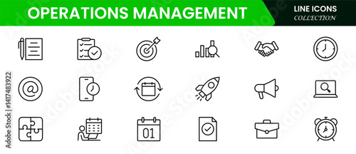Operations management icon set. Containing production, logistics, supply chain, manufacturing, planning, inventory management, strategy, customer satisfaction and cost icons