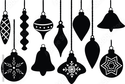 Set of Silhouette Icons for Christmas Tree Decorations Including Bells, Snowflakes, and Baubles