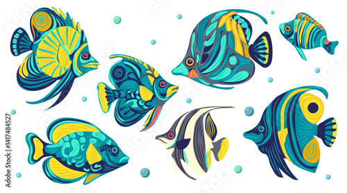 Set of flat fish with different patterns on their backs and bubbles, vector illustrations isolated on white background.