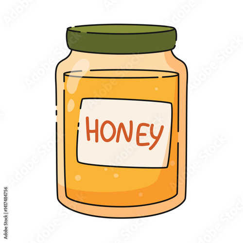 Jar with a lid and labeled light yellow honey, natural sweet product. Beekeeping