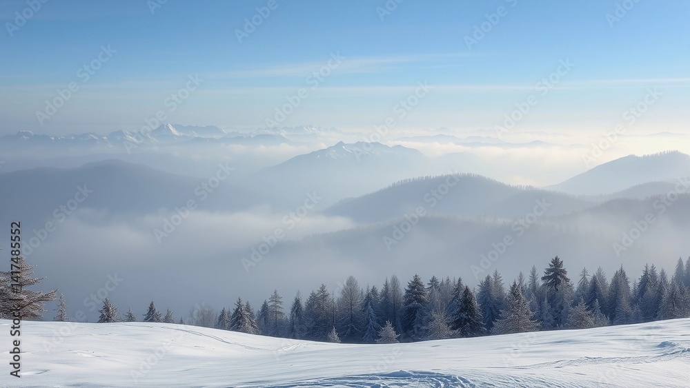 Immerse yourself in the breathtaking beauty of a winter wonderland with this stunning panoramic view of snow-covered mountains and misty valleys. The pristine white landscape, dotted with evergreen tr Immerse yourself in the breathtaking beauty of a winter wonderland with this stunning panoramic view of snow-covered mountains and misty valleys. The pristine white landscape, dotted with evergreen tr