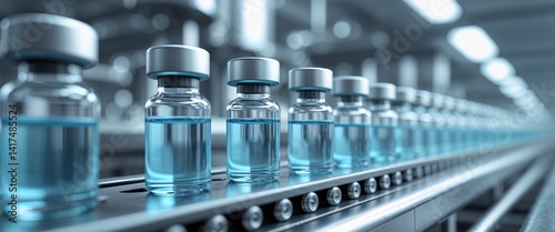 Blue vials with liquid on production line