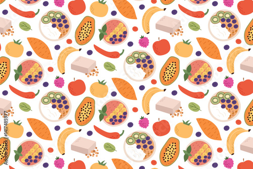 Smoothie pattern with fruits and greens in flat minimalist style. No outlines, calm bright colors, modern and stylish.