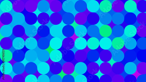 A vibrant pattern of overlapping circles in shades of blue and green, creating a visually dynamic and textured background.