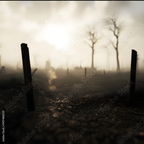 A quiet, empty battlefield with rolling fog, smoke, and distant shadows of soldiers.

