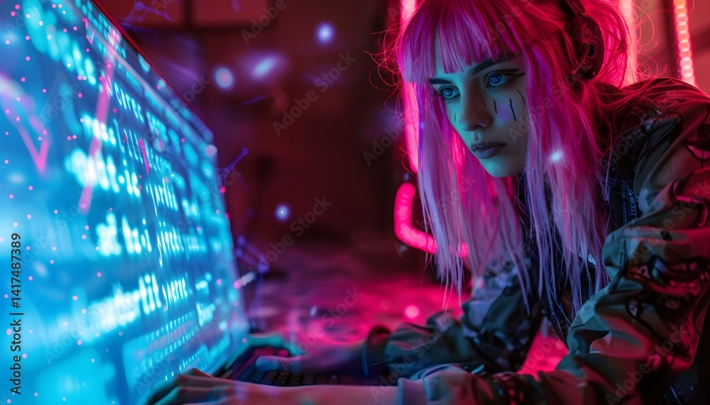 A punk hacker in a neon-lit underground hideout, typing on a floating holographic keyboard as digital waves ripple around her A punk hacker in a neon-lit underground hideout, typing on a floating holographic keyboard as digital waves ripple around her