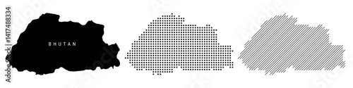 Bhutan detailed silhouette map, dotted pattern and slanted parallel lines pattern. Bhutanese textured stylized map. Vector illustration isolated on white.