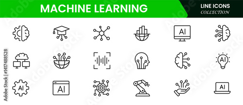Artificial intelligence set of web icons inline style. AI technology icons for web and mobile apps. Machine learning, digital AI technology, algorithm, smart robotics, cloud computing network