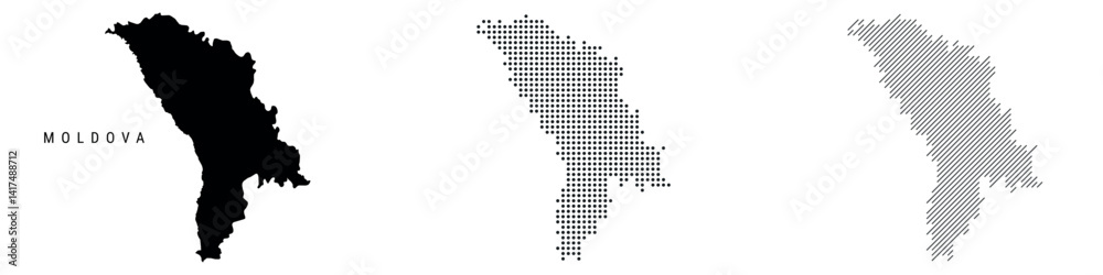 Moldova silhouette map and two patterns of dots and slanted lines. Flat vector illustration isolated on white Moldova silhouette map and two patterns of dots and slanted lines. Flat vector illustration isolated on white