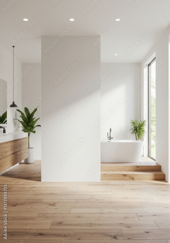 Fototapeta premium Minimalist Bathroom with Blank Wall Mockup