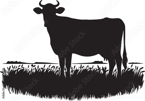A silhouette of a cow standing in a field of tall grass against a white background illustration