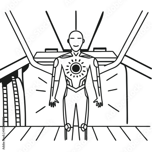 Futuristic Robot Design Standing in a Technological Chamber Artwork