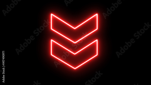 Glowing neon red down swipe arrow icon. Abstract neon flash lightning arrow downloading