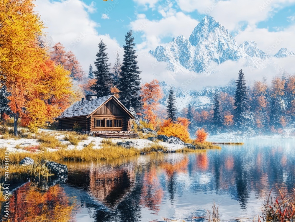 Fototapeta premium Autumn Cabin for Mountain Lake Reflection.