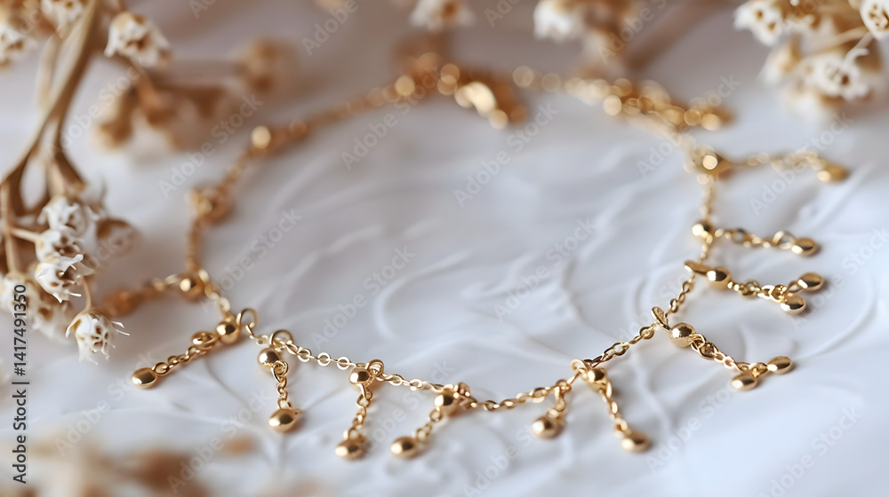 Elegant Golden Bracelet on a Soft White Background with Flower Accents Elegant Golden Bracelet on a Soft White Background with Flower Accents