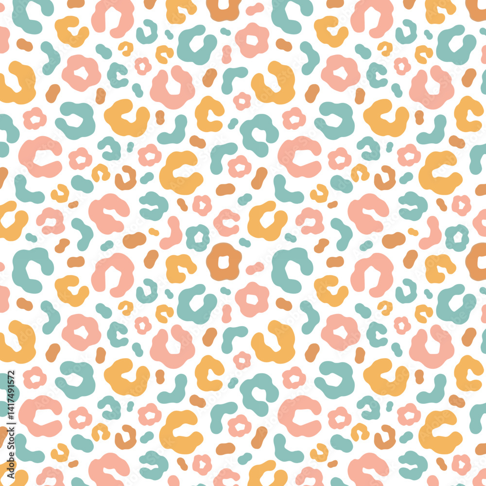 Simple pastel leopard skin print seamless pattern. Cheetah skin flat style background in retro boho colors. Hand drawn gender neutral pastel leopard print background. Cute and fun kids safari design.