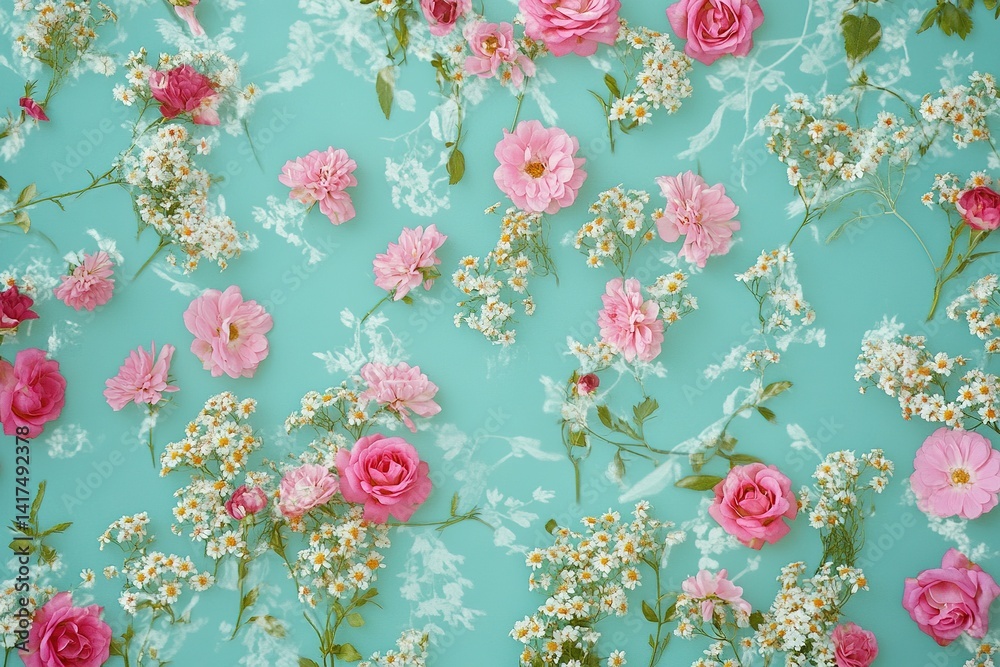 Fototapeta premium Pink roses and baby's breath flowers on a turquoise background, floral pattern with small white daisies, pastel colors, top view, romantic mood, floral wallpaper, spring or summer wedding invitation