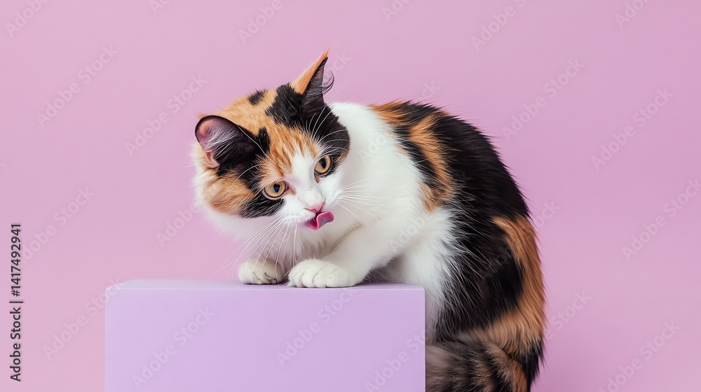 Playful calico cat on a purple background.