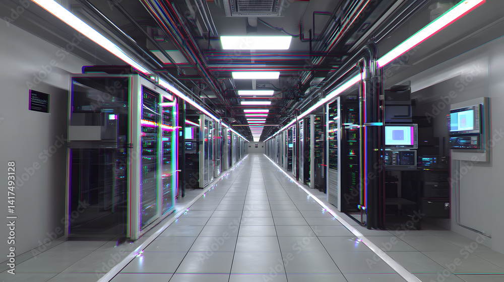Obraz premium Supercomputer, Datacenter or server room in 3d glitch effect, retro 70s, 80s synthwave background