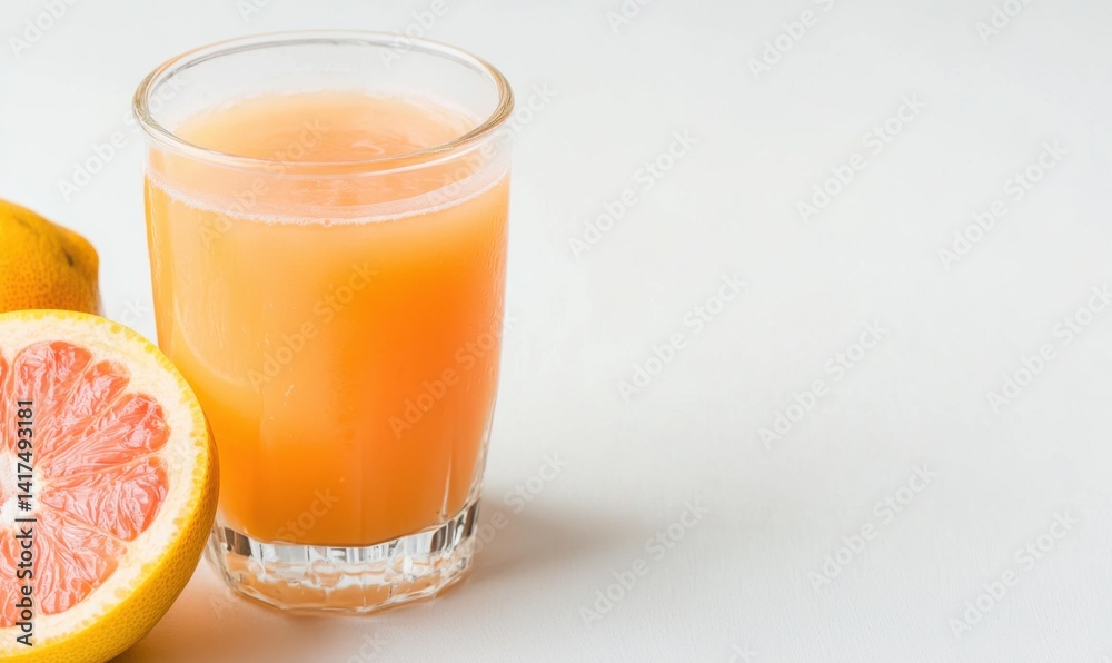 A crystal-clear glass of grapefruit juice, perfectly still, against a pure white background. The light reflects off the smooth surface of the juice, pinkish hue with copyspace. A crystal-clear glass of grapefruit juice, perfectly still, against a pure white background. The light reflects off the smooth surface of the juice, pinkish hue with copyspace.