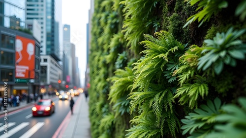 Verdant Living Wall in Urban Setting: Green Facade with Ferns, Moss and Cityscape Background
