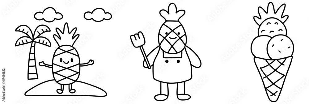 Fototapeta premium Cute pineapple characters are enjoying sunny day with palm trees and ice cream, radiating joy and fun