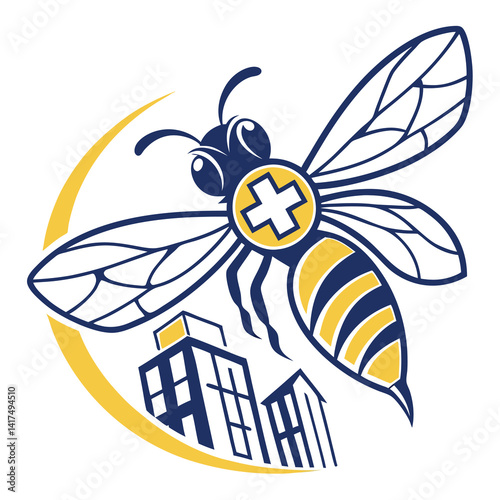 Urban Bee Logo Design featuring a bee above city buildings with a plus symbol