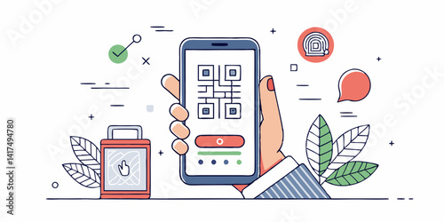 Minimalist line art design of a hand holding a smartphone with QR code on screen. Digital device, technology, mobile app interaction, modern digital marketing.

