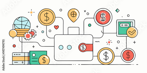 A minimalist line art depiction of a digital wallet icon with various currency symbols.

