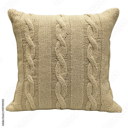 Cable knit pillow isolated on PNG transparent background, cut out