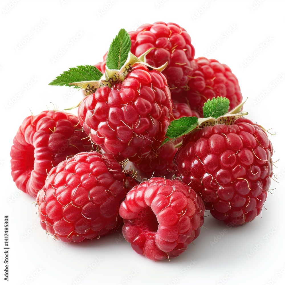 A pile of fresh, ripe raspberries with green leaves on a white background. A pile of fresh, ripe raspberries with green leaves on a white background.