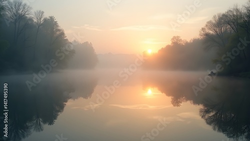 Tranquil lake reflecting trees under soft sunrise in a serene, foggy morning landscape.
