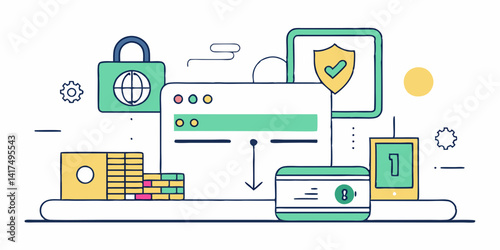 A minimalist line art depiction of a digital payment gateway with a secure lock icon.

