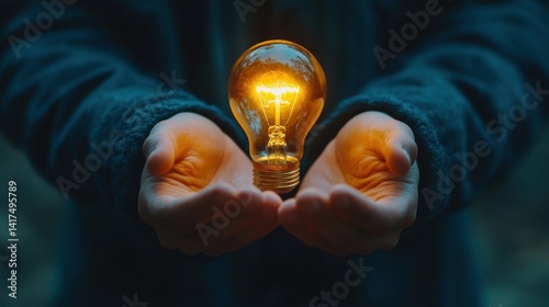 A person holds a glowing light bulb gently in two hands, symbolizing ideas and inspiration in a darkened environment