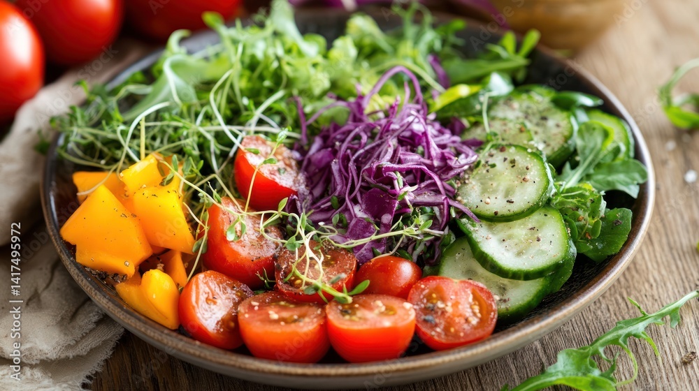 Colorful and healthy salad bowl with fresh vegetables for clean eating wellness Colorful and healthy salad bowl with fresh vegetables for clean eating wellness