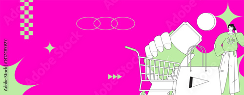 Holiday shopping people doing e-commerce online shopping flat vector concept operation hand drawn illustration
