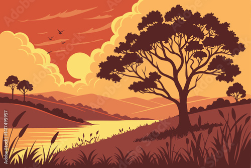 49 Vibrant sunset landscape, silhouetted trees, golden sun, dramatic sky, fiery orange clouds, calm lake reflection, rolling hills, foreground grasses, reeds, peaceful nature scene, digital painting s