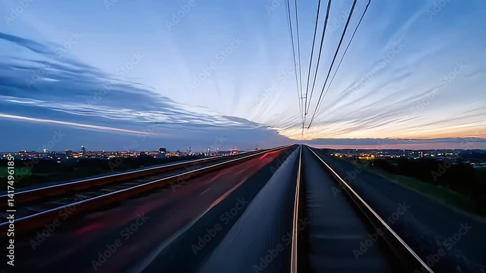 Traveling by Rail at Dusk with Streaks of Light and Sunset Traveling by Rail at Dusk with Streaks of Light and Sunset