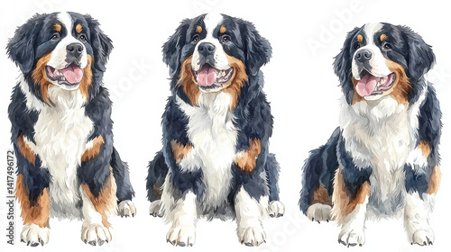 Hand drawn watercolor illustration of Bernese Mountain Dogs