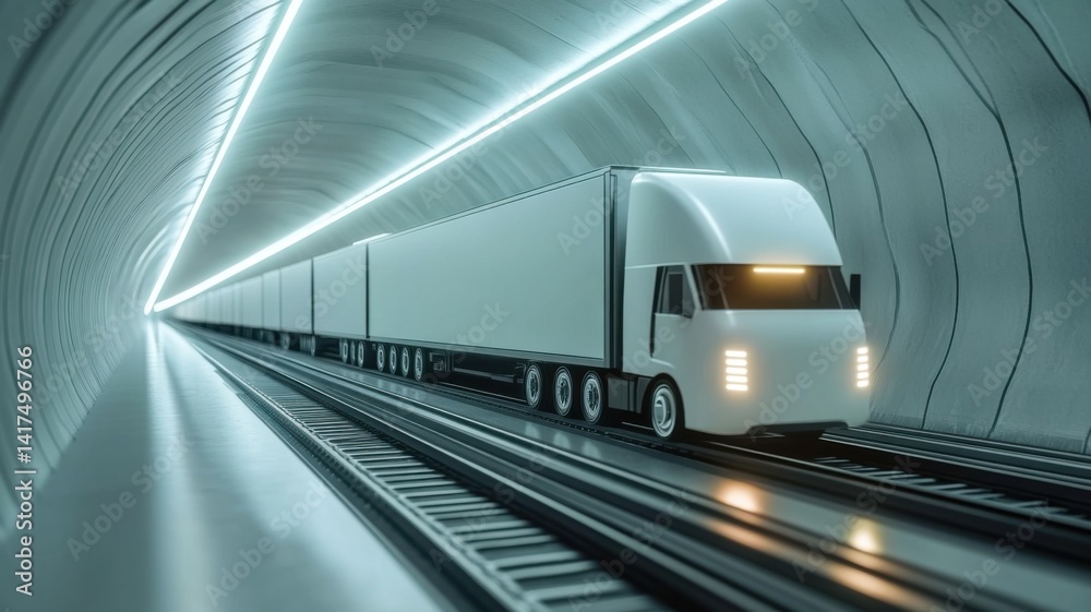 A futuristic truck travels through a sleek, illuminated tunnel, combining elements of transport and modern technology. A futuristic truck travels through a sleek, illuminated tunnel, combining elements of transport and modern technology.