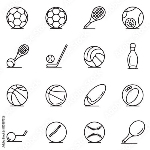 sports ball silhouettes set of black various Sports Balls  Flat Line, Soccer, Football, Tennis, Golf, Bowling, Basketball, Hockey, Volleyball, Rugby, Pool, Baseball, Ping Pong  