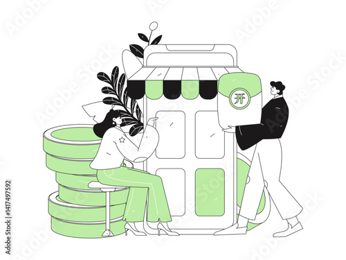 Holiday shopping people doing e-commerce online shopping flat vector concept operation hand drawn illustration
