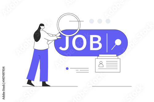 Job vacancy concept, Employee using magnifying glass searching a job on the search bar, looking for job. Flat Cartoon Vector Illustration, icon. Stylish abstract design landing page