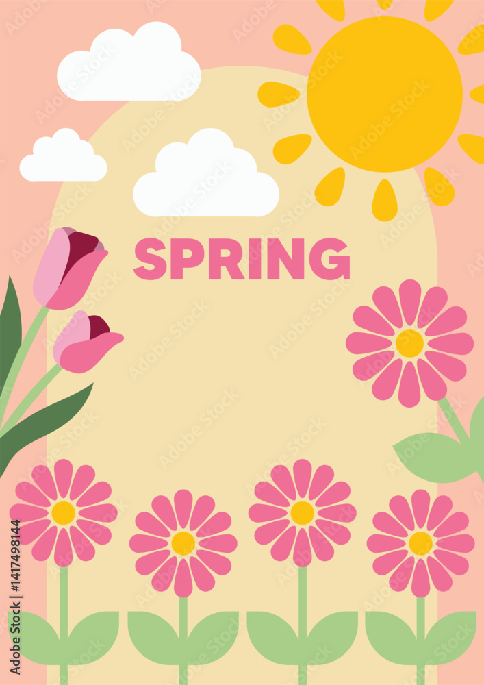 Spring Floral Design Featuring Flowers, Sun, and Clouds in Pastel Colors
