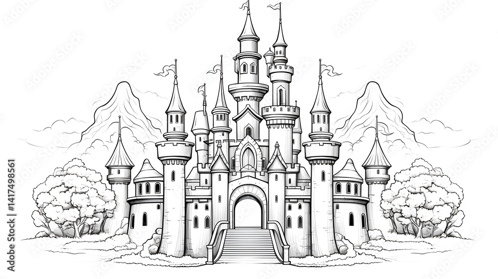 Detailed hand drawn sketch of a fantasy fairy tale castle for creative projects Detailed hand drawn sketch of a fantasy fairy tale castle for creative projects