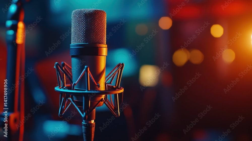 Close-up of a professional studio microphone on a stand in a sound booth during a recording session Close-up of a professional studio microphone on a stand in a sound booth during a recording session